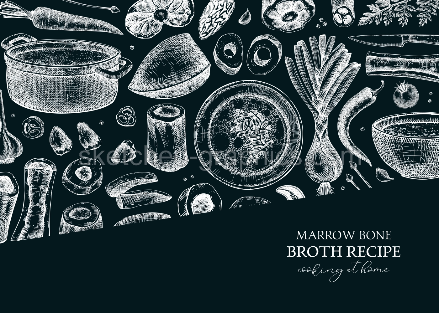 Healthy food background. Marrow bone broth frame. Hot soup on plates, pans, bowls, organ meat, vegetables, marrow bones sketches. Hand drawn vector illustrations. Homemade food on chalkboard Illustration